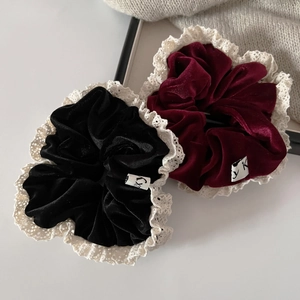 French vintage velvet scrunchies in black and burgundy with delicate lace edges