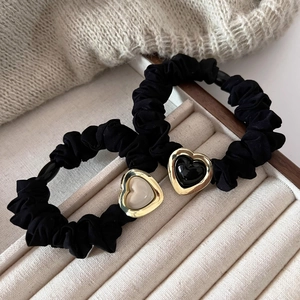 Elegant Black Fabric Scrunchies With Gold Border Heart Pendant High Elasticity Hair Tie For Women Daily Hair Accessories