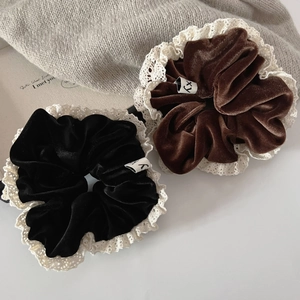 French vintage velvet hair scrunchies with white lace trim and elegant fabric label