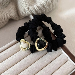 Elastic black scrunchies with heart metal charms in gold, white and black finish