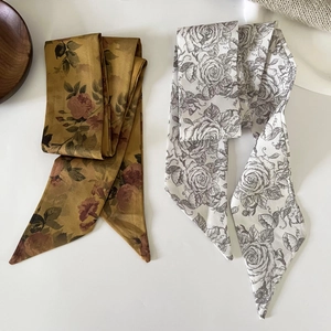 French Vintage Floral Long Satin Scarf Hair Band For Women Elegant Botanical Print Hair Tie Bag Streamer Ribbon Headband
