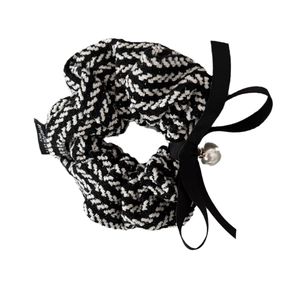 Elegant black and white tweed scrunchie with satin bow and pearl charm for women