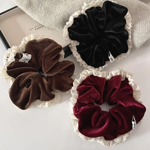 French Vintage Velvet Lace Edge Scrunchies Elegant Large Hair Ring Elastic Hair Band For Women Fashion Hair Accessories