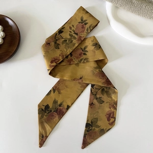 French vintage floral silk headband scarf with dark gold base and red rose patterns