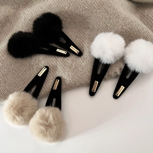 Korean Style Sweet Faux Fur Ball Hair Clip With Handmade Metal Letter Label Autumn Winter Hair Accessories For Women