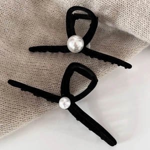 Elegant large black velvet hair claw set with white pearl decoration for back hair buns