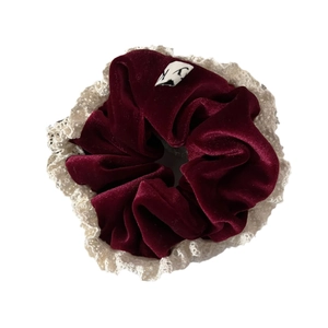 French vintage burgundy velvet scrunchie with cream lace trim and woven tag for hair