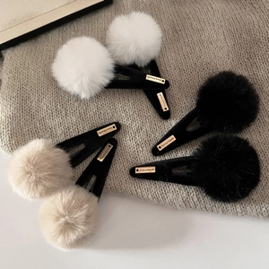 Chic plush ball hair clips with gold handmade tags in white, beige and black set
