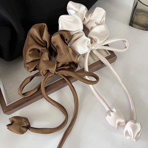 French Tulip Ribbon Satin Scrunchie Bow Floral Pendant Elastic Hair Ties Elegant Ponytail Holder Headwear Accessories For Women