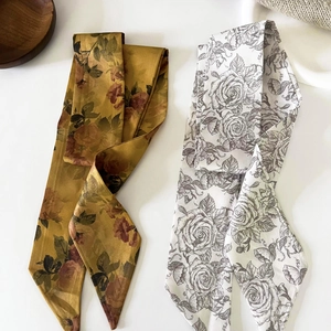 French vintage floral silk skinny scarf set featuring elegant rose patterns on a white base