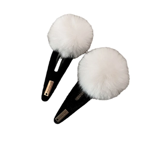 Cute Korean style plush ball hair clips with gold handmade metal tag for women