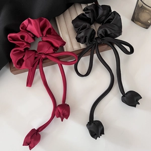 French style satin scrunchies set in burgundy and black with long ribbon bow and flower bud charms