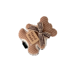 Barrette à cheveux ours mignon en velours côtelé marron avec nœud à carreaux et label