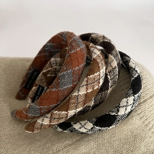 Retro Argyle Plaid Headband Women Preppy Style Coffee Series Hair Hoop Glitter Fabric Wide Hairband Elegant Hair Accessories