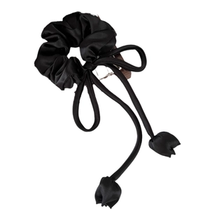 Elegant black satin hair scrunchie with streamer and 3D floral bud decorative charms