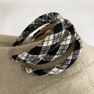 Classic black and white plaid wide headband with shimmering silver threads for women