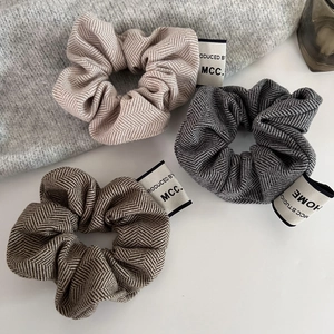 Three-piece set of elegant herringbone fabric scrunchies in gray and coffee brown colors