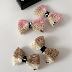 Pince à Cheveux Nœud en Fil de Laine Fait à la Main Doux Color Block Cœur Damiers Pince Latérale pour Femme Bijoux