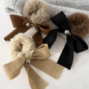 Winter plush bow hair ties with pearl detail in caramel, black and beige colors