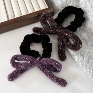 Elegant set of purple and brown knit bow scrunchies made with vintage velvet fabric