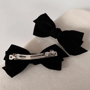Elegant black velvet bow hair clip with high-quality silver metal spring barrette fastener