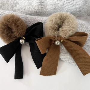 Chic plush bow hair scrunchies with pearls and fuzzy knit texture for autumn winter