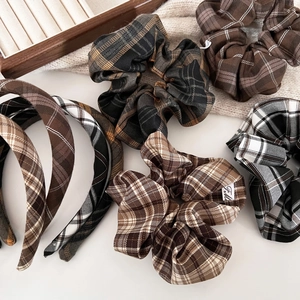 Vintage brown plaid headband and scrunchie set for women in classic autumn style