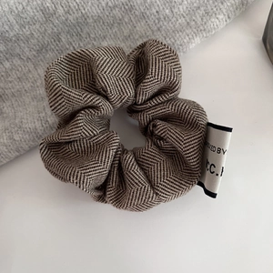 French style brown herringbone twill scrunchie with knit texture and designer label
