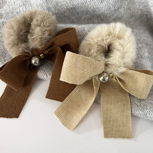 Winter plush bow hair ties in coffee and beige with pearl bead accents