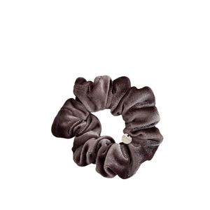 Elegant velvet hair scrunchie in coffee brown with premium metal brand tag