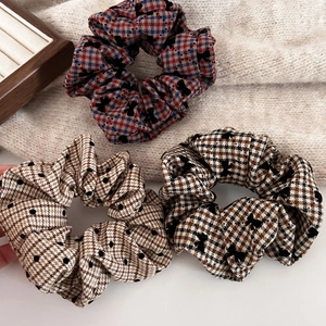 Three-piece set of vintage plaid scrunchies in red, blue, and brown check patterns