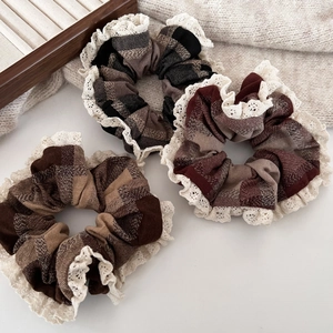French Vintage Plaid Scrunchies With Lace Trim Retro Plaid Pattern Hair Ties Elastic Ponytail Holder For Women Hair Accessories