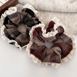 French hazelnut plaid hair scrunchies with lace trim for elegant ponytail styling