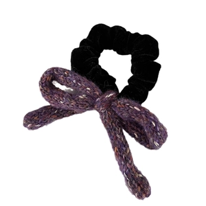 Vintage purple knit bow scrunchie with black velvet band for elegant hairstyles