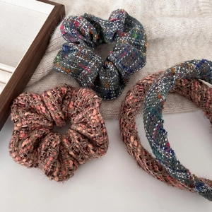 Vintage Tweed Plaid Hair Accessories Set Retro Elegant Scrunchie And Headband Fabric Hair Ties For Women Daily Headwear