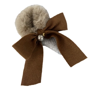 Winter plush bow hair tie with grey knit texture and pearl pendant for women