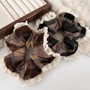 French hazelnut plaid scrunchies with white lace edges for ponytail styling
