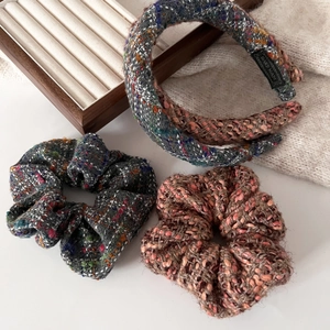 Elegant tweed hair accessories set including headbands and large scrunchies in mixed colors