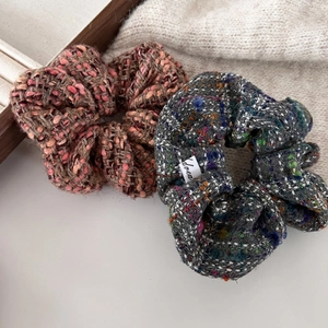 Elegant tweed plaid scrunchies set in pink and grey for stylish vintage hair styling