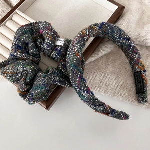 Colorful plaid tweed headband and scrunchie set for women on warm aesthetic background