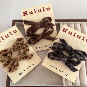 Leopard Print Plush Bow Hair Clip Faux Fur Hair Tie For Women Winter Autumn Bowknot Side Clip Hair Accessories