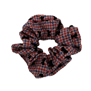 Vintage red and blue houndstooth check scrunchie with black bow and polka dot patterns