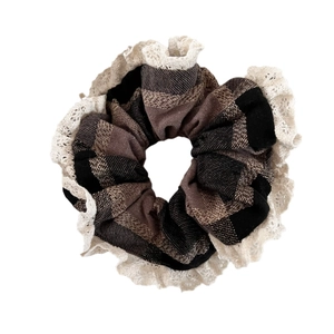 Hazelnut brown plaid hair scrunchie with lace trim for elegant ponytail styling