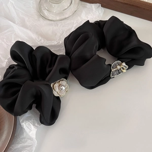 French Style Black Satin Scrunchie With Camellia Artificial Pearl And Tweed Hat Decor High Elasticity Hair Tie For Women Accessory