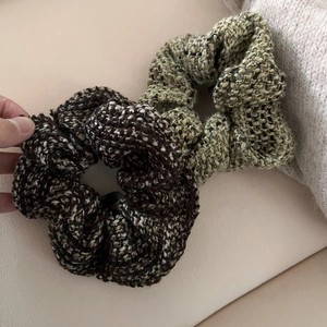 Set of two tweed scrunchies in coffee and moss green colors for elegant hairstyles