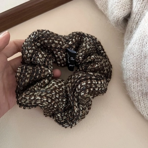 Retro tweed scrunchie in autumn earth tones with vintage woven texture hair accessory
