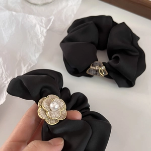 Elegant black satin hair scrunchies with camellia pearl and tweed texture charms