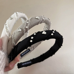 Vintage Heart Rhinestone Headband French Frayed Edge Fabric Hair Hoop Handmade Elegant Hair Accessories For Women
