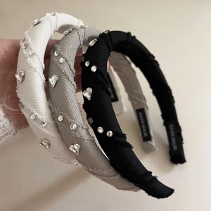 Elegant rhinestone heart padded headbands in white, gray, and black fabric