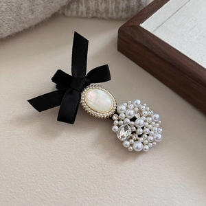Elegant French style bow hair clip with vintage pearls and sparkling rhinestones